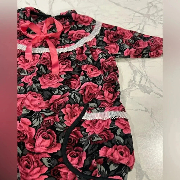 Vintage Floral Bubble Long Sleeve Jumpsuit Bib Collar & Bow Pink Baby Girl - Picture 3 of 4